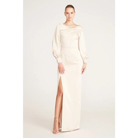 Theia Dresses & Skirts - Theia “Sylvie” Bishop Long Sleeve High Slit Gown in Taupe – Size 8 NWT